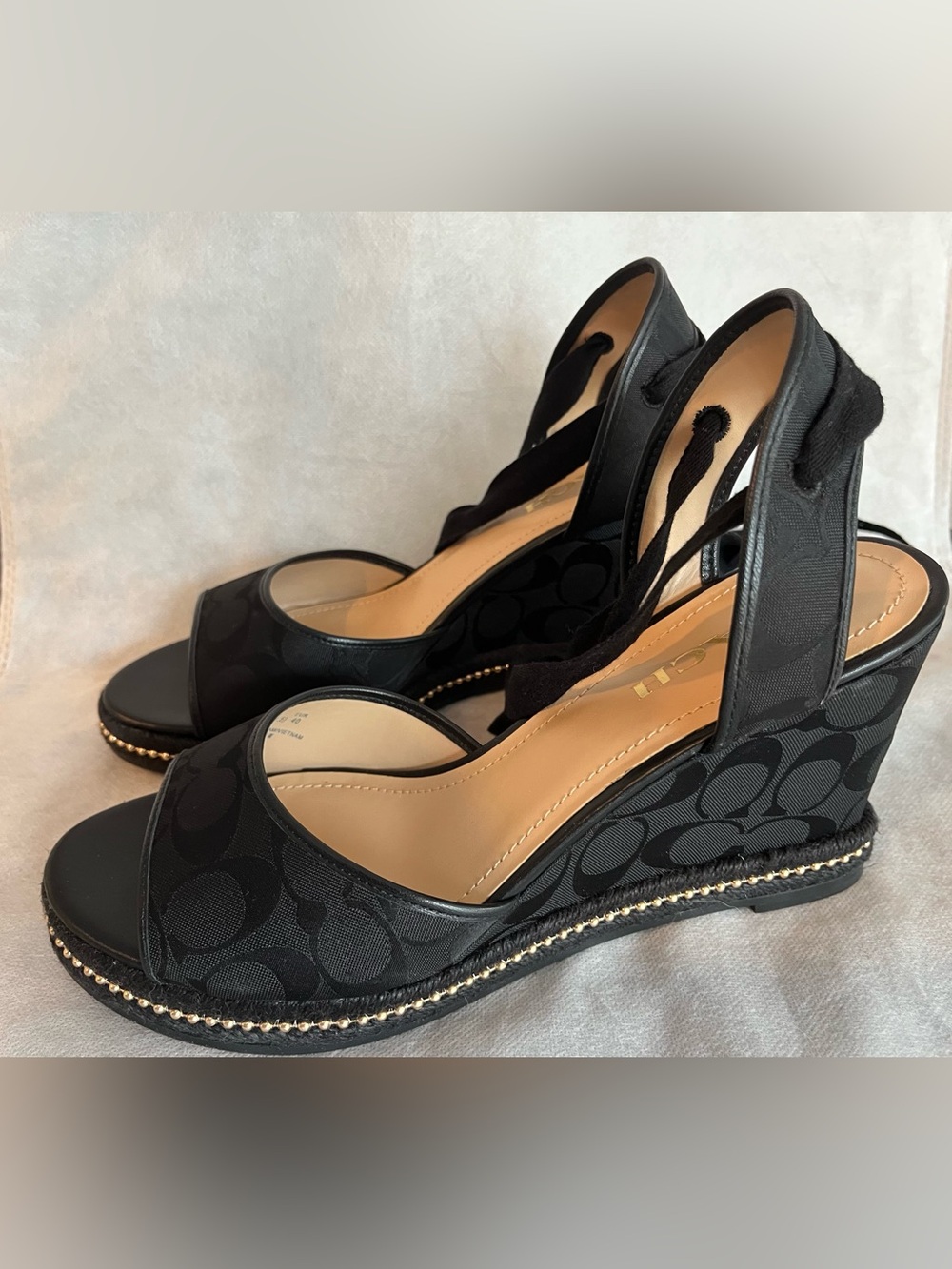 Coach Black Monogram Wedge Sandals with Gold Trim